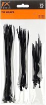 75x Kabelbinders tie-wraps set zwart - 10 / 15 / 20 cm - Zwarte tywraps - Tie Wraps