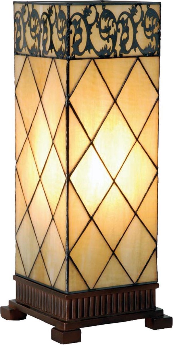 LumiLamp Tiffany Tafellamp 18x45 cm Beige Bruin Glas Vierkant Tiffany Bureaulamp