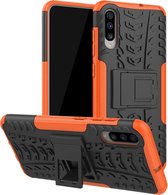 Schokbestendige PC + TPU-bandenpatroonbehuizing voor Galaxy A70, met houder (oranje)