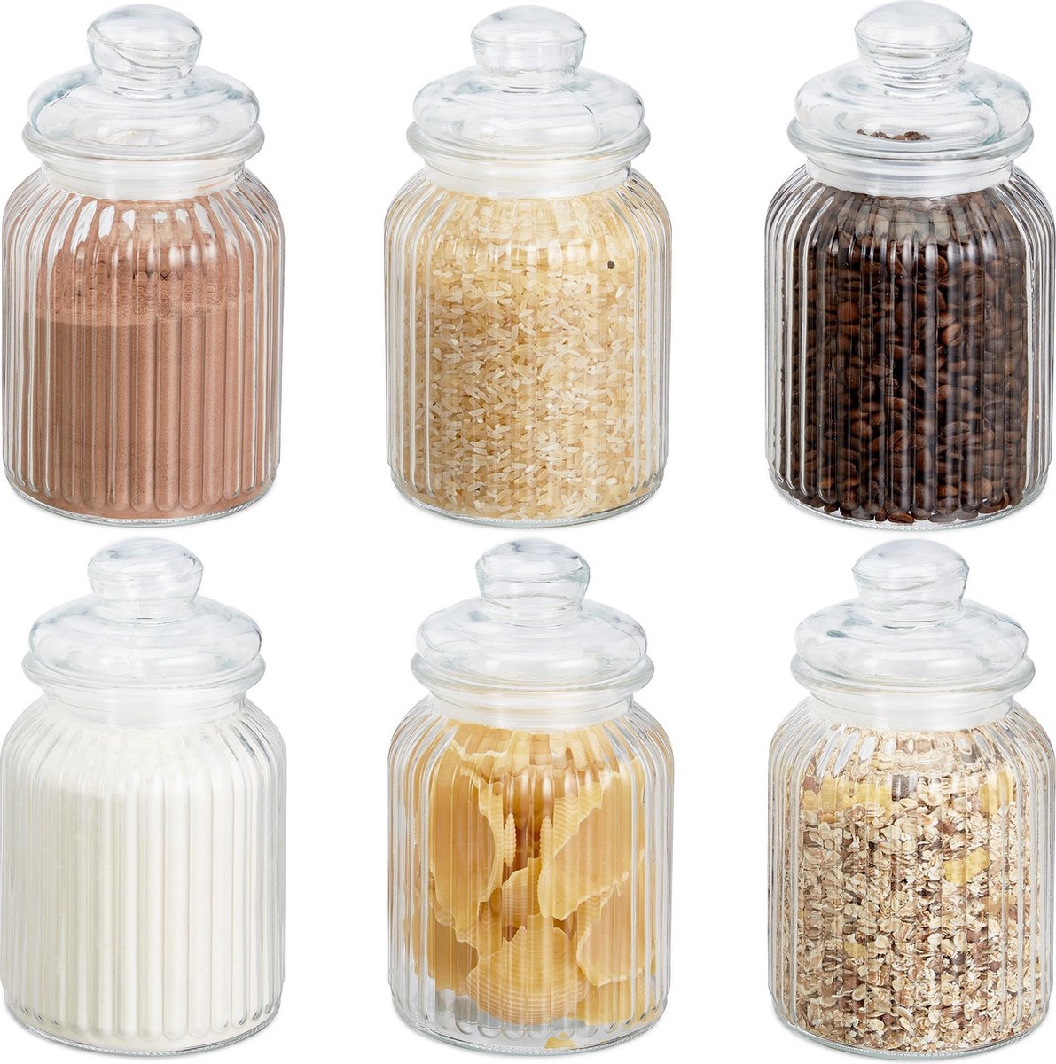 voorraadpotten - 6 stuks - 1000 ml - met deksel - voor snoep en pasta - glas - luchtdicht