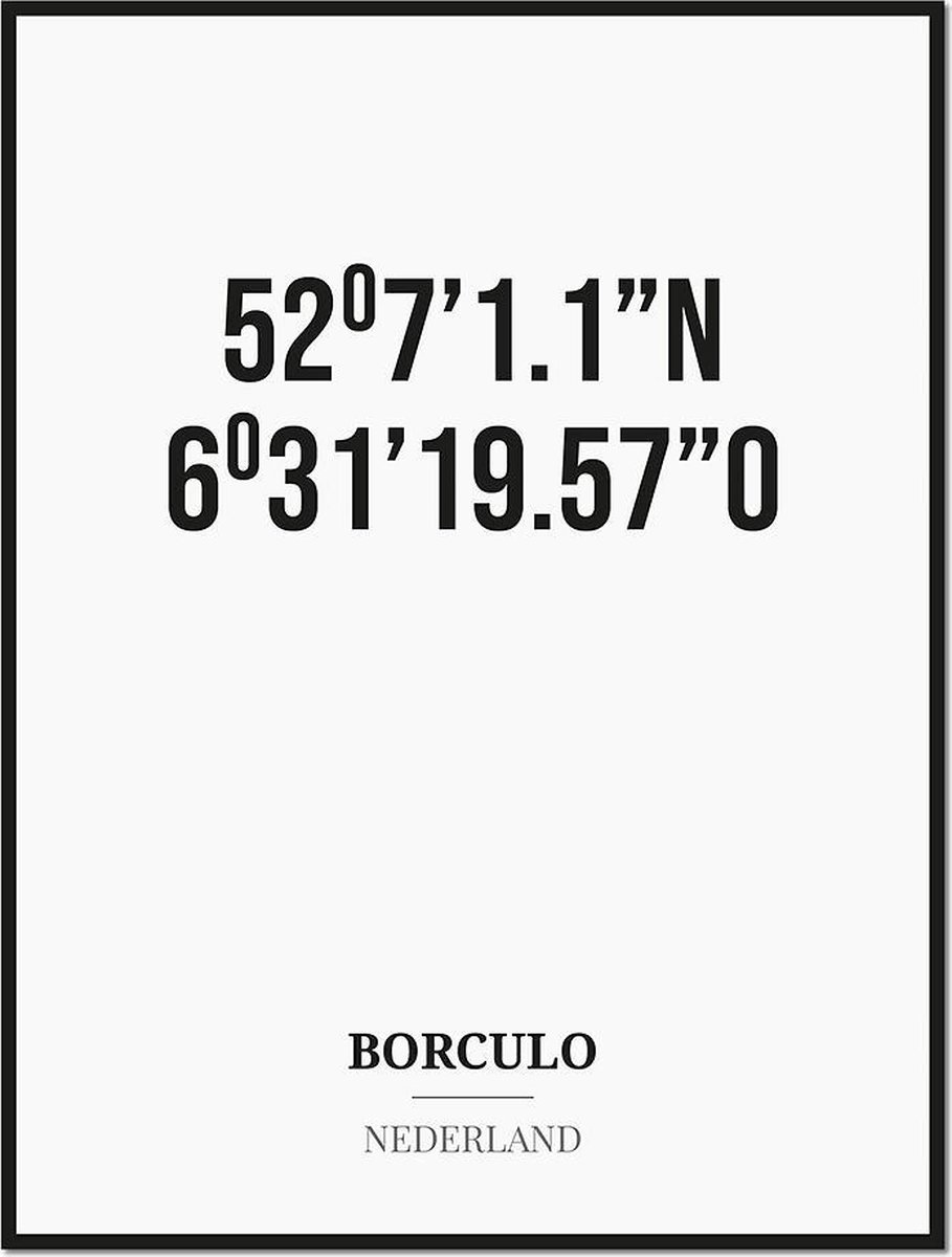 Studio216 Poster/kaart BORCULO met coördinaten zwart, wit