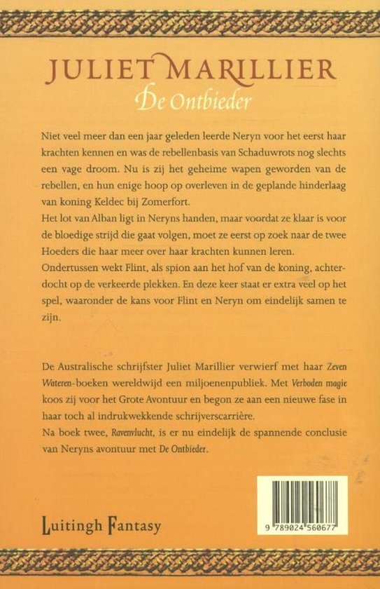 Achterkant van het boek 'De Ontbieder' van Juliet Marillier. De tekst is in het Nederlands en gaat over het verhaal.