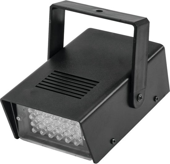 Zwarte Eurolite LED stroboscoop met 15 witte LED's en een verstelbare beugel, geïsoleerd op wit.