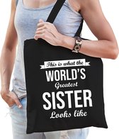 Worlds greatest SISTER cadeau tasje zwart voor dames - verjaardag / kado tas / katoenen shopper voor zussen / zusjes