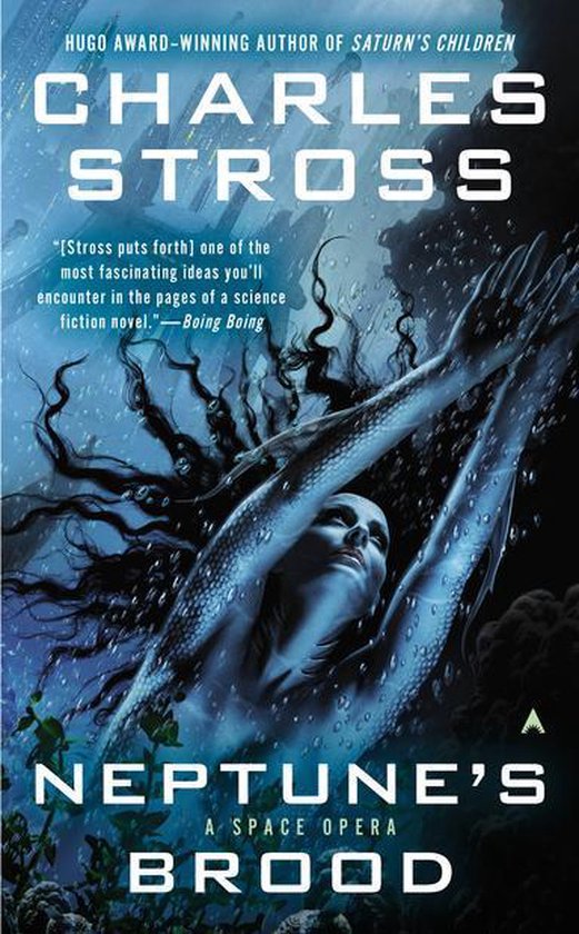 Boekomslag van 'Neptune's Brood' van Charles Stross met een zeemeermin die opzwemt in donker water.