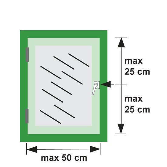 Diagram van een raam met een raamsluiting, elk maximaal 25 cm van de boven-/onderkant en maximaal 50 cm breed.
