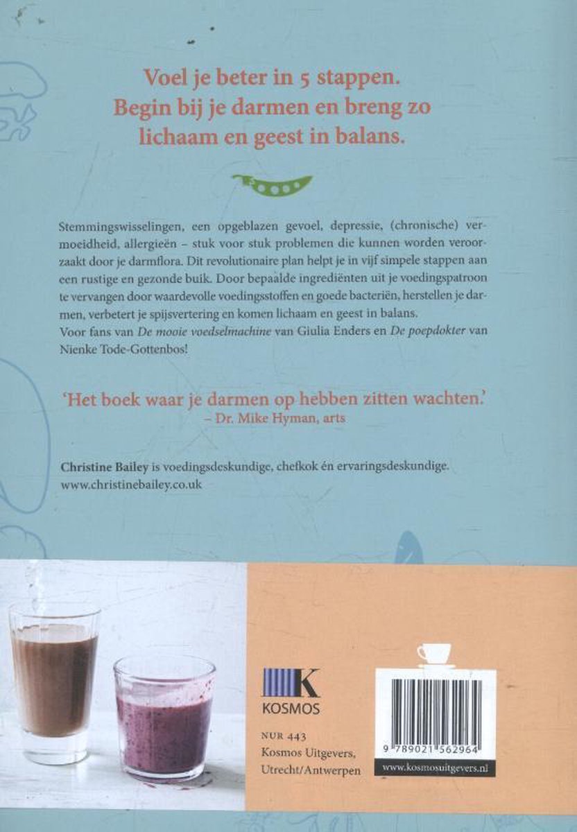 Achterkant 'Het Gezonde Darmen Kookboek' met tekst, twee glazen met drankjes en een streepjescode.