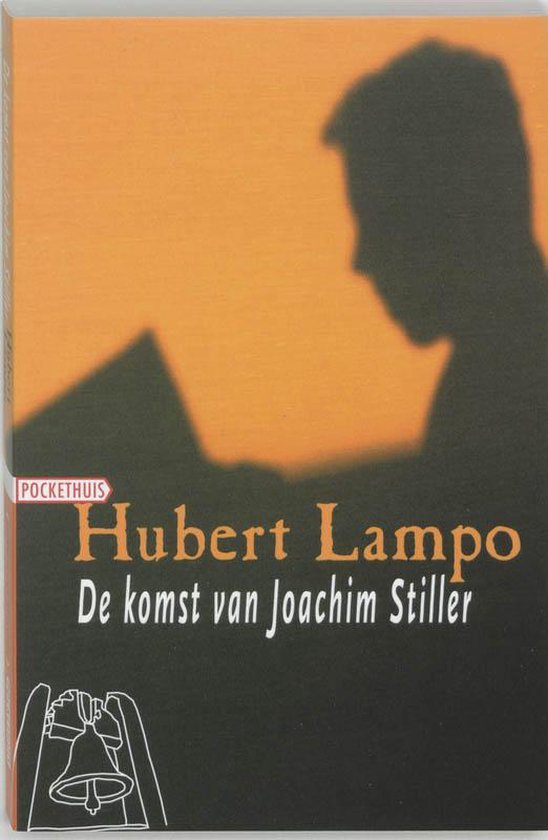 Livre de poche De komst van Joachim Stiller de Hubert Lampo avec silhouette d'un homme et dessin schématique d'une cloche