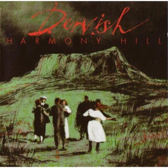 Groene heuvel met een groep mensen die dansen in de voorgrond. Tekst 'Dervish HARMONY HILL'.