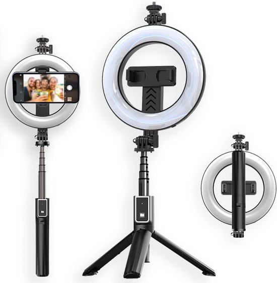iMoshion 3 in 1 Pro Bluetooth Selfie Stick + Tripod + 6 inch Ring Fill Light