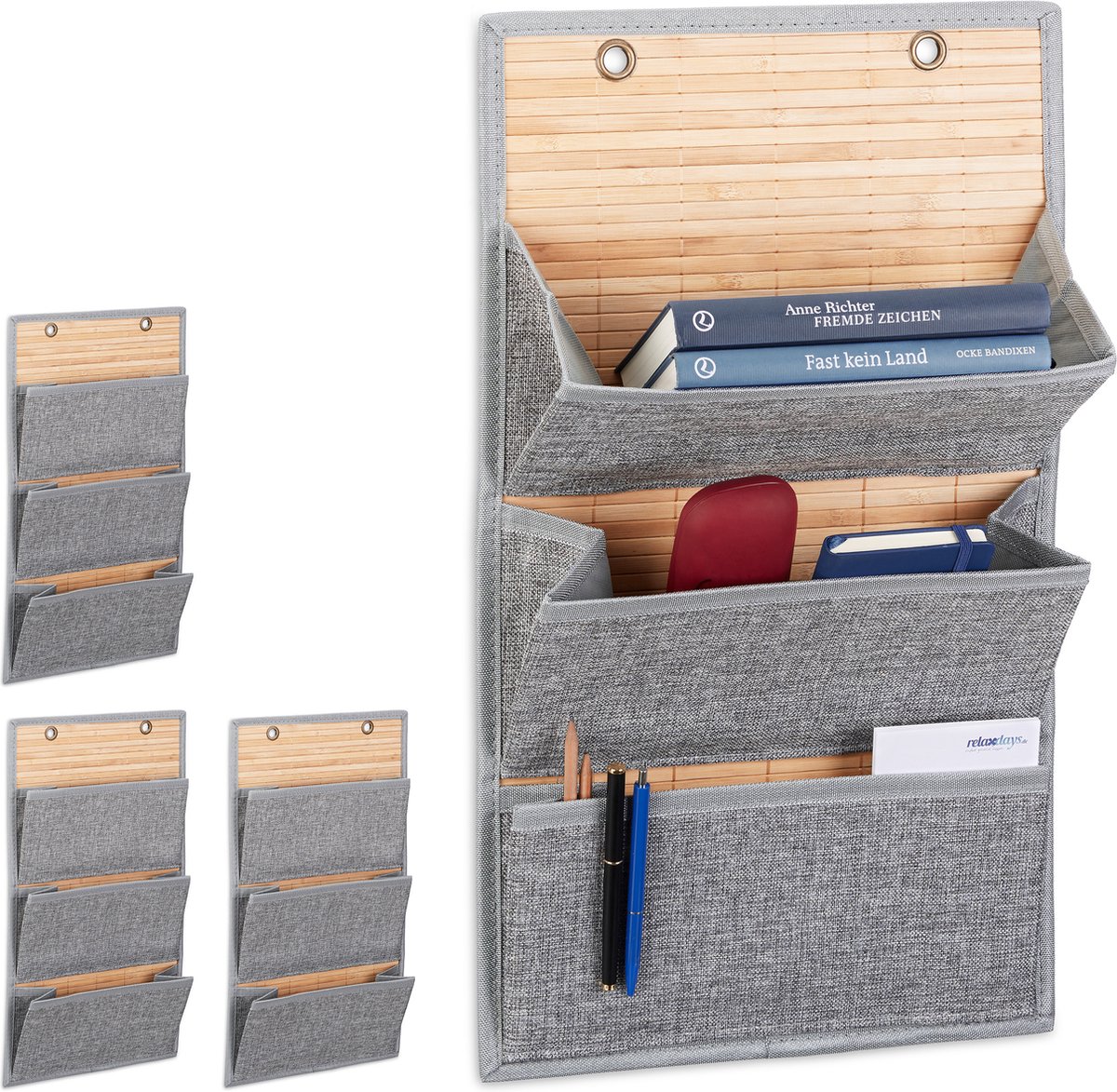 4x hangende opberger bamboe - 3 vakken - deur organizer stof - kantoor - grijs