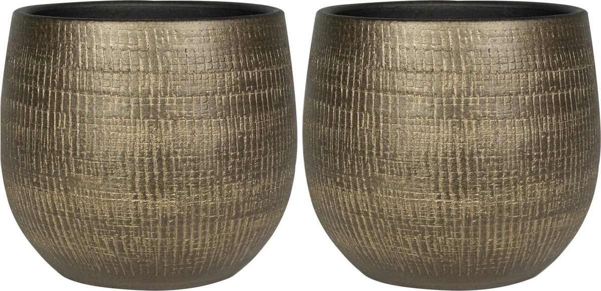 Ter Steege Plantenpot - Set van 2x stuks - metal look - goudkleurig - D26 x H25 cm - bloempot