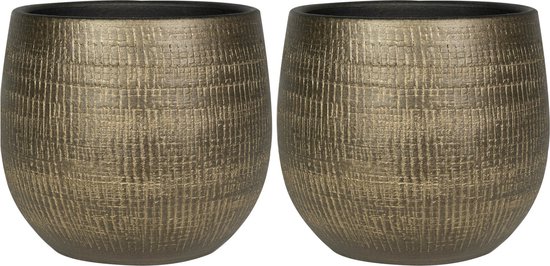 Ter Steege Plantenpot - Set van 2x stuks - metal look - goudkleurig - D26 x H25 cm - bloempot