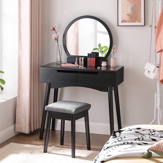 ZAZA Home Coiffeuse moderne Tournesol, 2 grands tiroirs avec rails, coiffeuse avec miroir rond et tabouret, coiffeuse, noir,