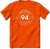 94th Happy Birthday T-shirt | Vintage 1928 Aged to Perfection | 94 jaar verjaardag cadeau | Grappig feest shirt Heren – Dames – Unisex kleding | - Oranje - 3XL