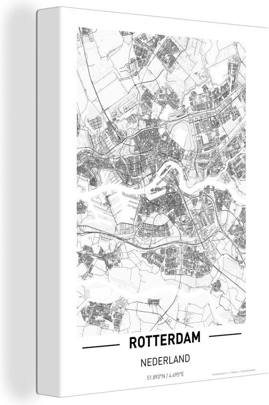 Tableau sur Toile City Map - Rotterdam - Zwart - Wit - 30x40 cm - Décoration murale - Carte