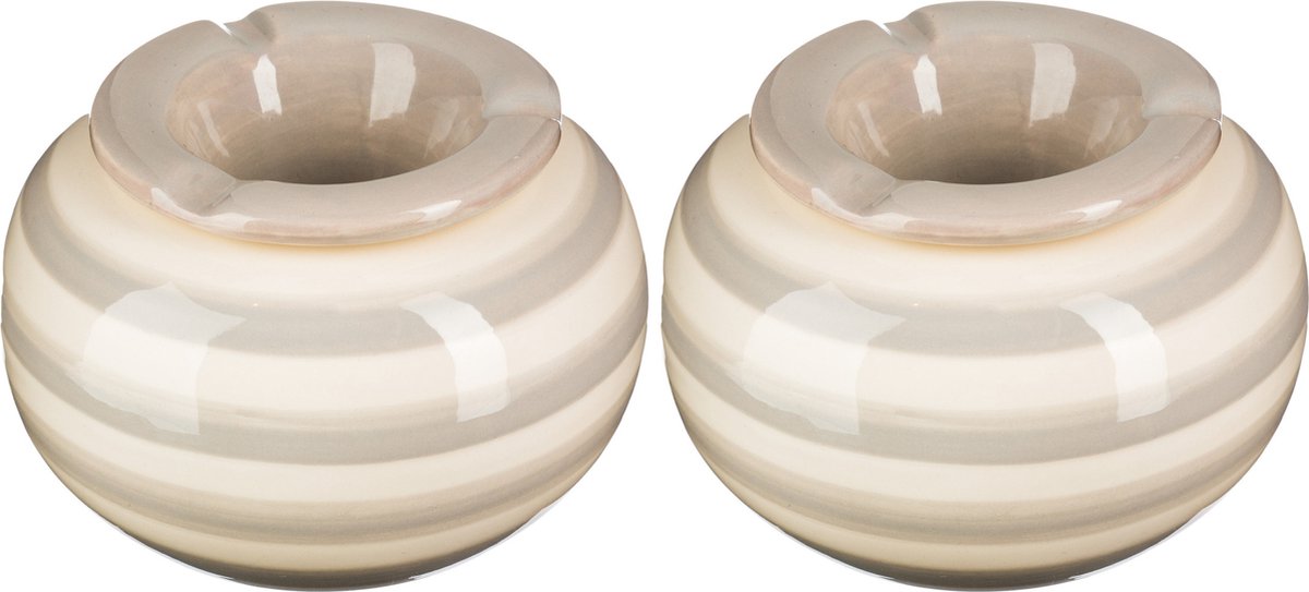 Terras asbak/stormasbak - 2x - rond - keramiek - 12 x 8 cm - grijs/wit - Buiten asbakken
