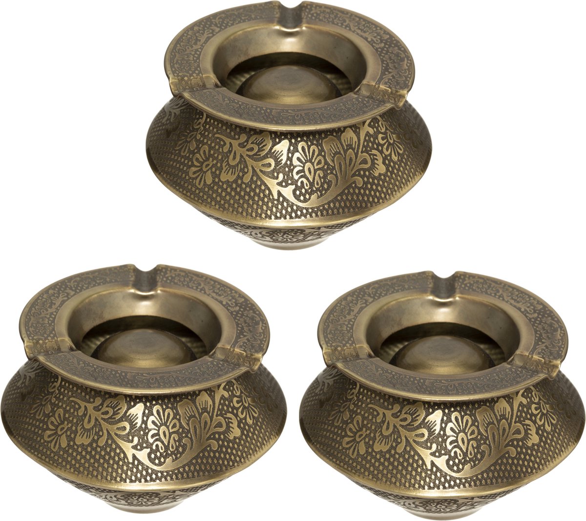Goedkoopste Atmosphera Terras asbak/stormasbak Arabica - Set van 3x stuks - rond - ijzer - 12 x 8 cm - oud goud - Buiten asbakken
