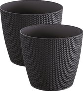 Set de 2x cache-pots/pots de fleurs élégants en plastique dia 16 cm et hauteur 14 cm en gris anthracite pour usage intérieur/extérieur