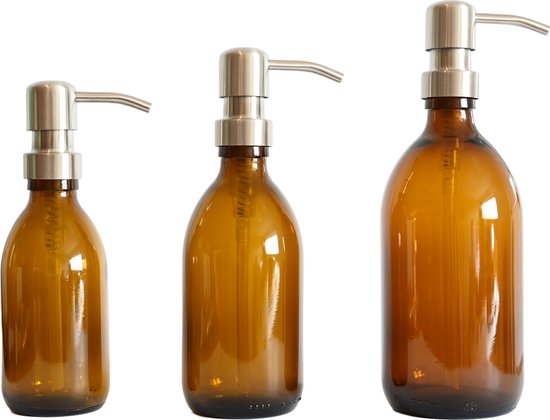 Groeikruid® Zeeppompjes Set voor Keuken, Badkamer en Toilet | Zeepdispensers 200 ml + 300 ml + 500 ml | Vrijstaand en Hervulbaar | Amber Glas met RVS pompkop | Zilver