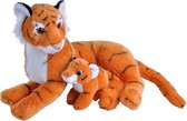 Pluche oranje tijger met jong knuffel 38 cm - Tijgers Wilde dieren knuffels - Speelgoed voor kinderen