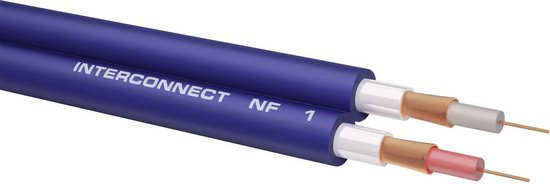 Twee blauwe INTERCONNECT NF 1 kabels met koperen geleiders en witte en rode isolatie.