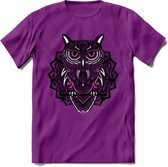 Uil - Dieren Mandala T-Shirt | Roze | Grappig Verjaardag Zentangle Dierenkop Cadeau Shirt | Dames - Heren - Unisex | Wildlife Tshirt Kleding Kado | - Paars - S