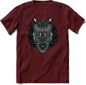 Uil - Dieren Mandala T-Shirt | Aqua | Grappig Verjaardag Zentangle Dierenkop Cadeau Shirt | Dames - Heren - Unisex | Wildlife Tshirt Kleding Kado | - Burgundy - M