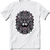 Leeuw - Dieren Mandala T-Shirt | Roze | Grappig Verjaardag Zentangle Dierenkop Cadeau Shirt | Dames - Heren - Unisex | Wildlife Tshirt Kleding Kado | - Wit - XL