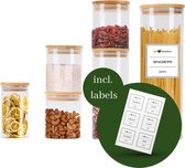 We love Bamboe - Set van 6 glazen voorraadpotten met labels - Glazen potten met bamboe deksel - 2100 ml - 1000 ml - 500 ml - 300 ml