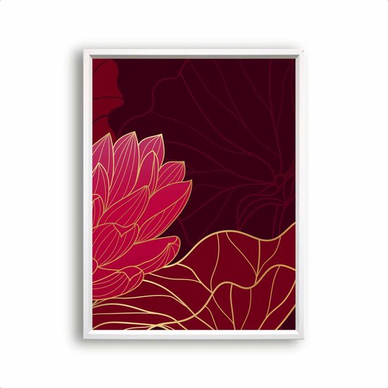 Poster Rood Gouden Lotus Rechts - 50x40cm - Planten / Bloemen - Muurdecoratie