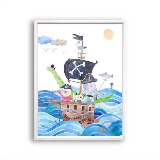 Poster Piraten beertje konijn olifant en dino op de boot donker - piraten thema / Dieren / 80x60cm
