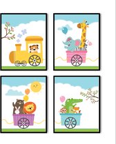 Poster Set 4 Blije Dieren in de Trein - Kinderkamer - Dierenposter - Babykamer / Kinderposter - Babyshower Cadeau - Muurdecoratie - 30x21cm A4 - Postercity