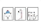 Poster Set 3 Happy Bear Girafe et Tigre - Chambre d'enfants - Affiche d'animaux - Chambre de bébé / Affiche d'enfants - Cadeau de naissance - 70x50cm - Chambre de bébé