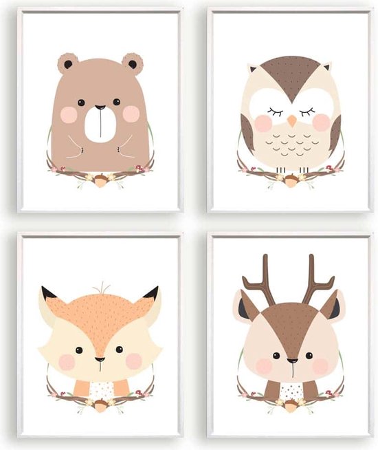 Poster Set 4 Dear Fox Beer Deer Owl - Animaux de la forêt - Enfants - Affiche Animaux - Chambre de bébé - Affiche enfant / Cadeau de naissance - 40x30cm - Affiche ville
