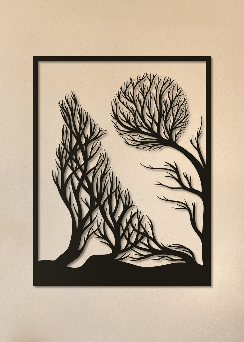 Wanddecoratie dieren | Wolf met volle maan van takken - M (31x40cm)