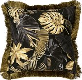 Kussen fluweel gouden franjes monstera zwart/goud 45x45cm