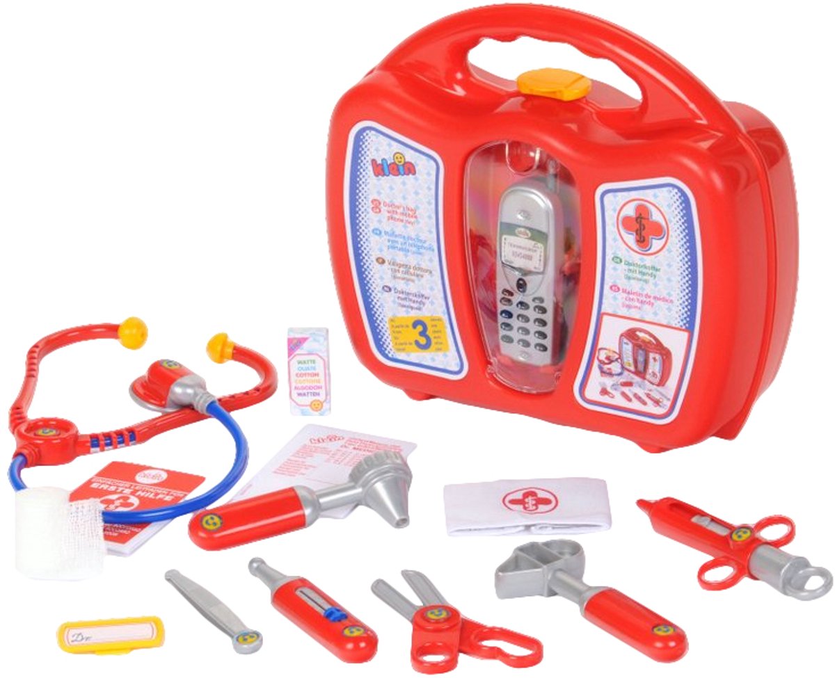 Klein Toys dokterskoffer met mobiele telefoon - stethoscoop, thermometer, reflexhamer, injectiespuit, pincet, oorspiegel, schaar, verpleegsterskapje, naamplaatje, pleisters - multicolor — afbeelding 11