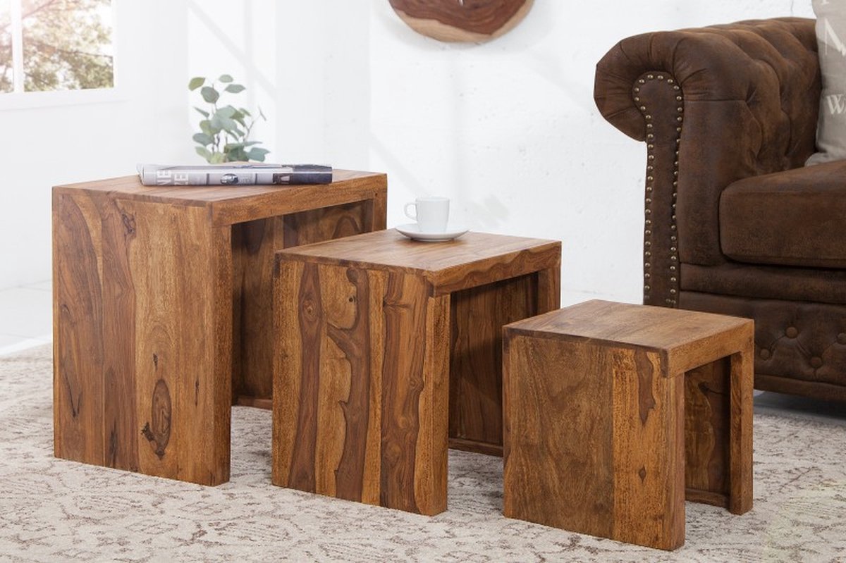 FineBuy Tafel Set Massief Sheesham-Hout Bijzettafel set van 3 | Tafel Woonkamer Vierkant Hoog | Moderne Nesttafel Houten Tafel