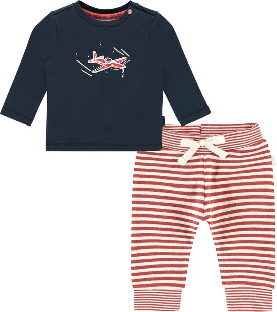 Noppies - Kledingset - 2delig - broek rood gestreept - shirt Blauw met vliegtuig - Maat 74