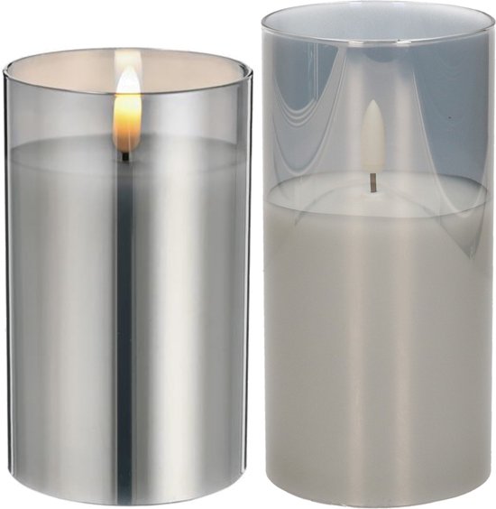 Set van 2x luxe led kaarsen in grijs glas 12.5 en 15 cm met timer op batterijen
