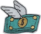 Dollar Biljet Met Vleugels Strijk Embleem Patch 6.5 cm / 5.4 cm / Groen Wit