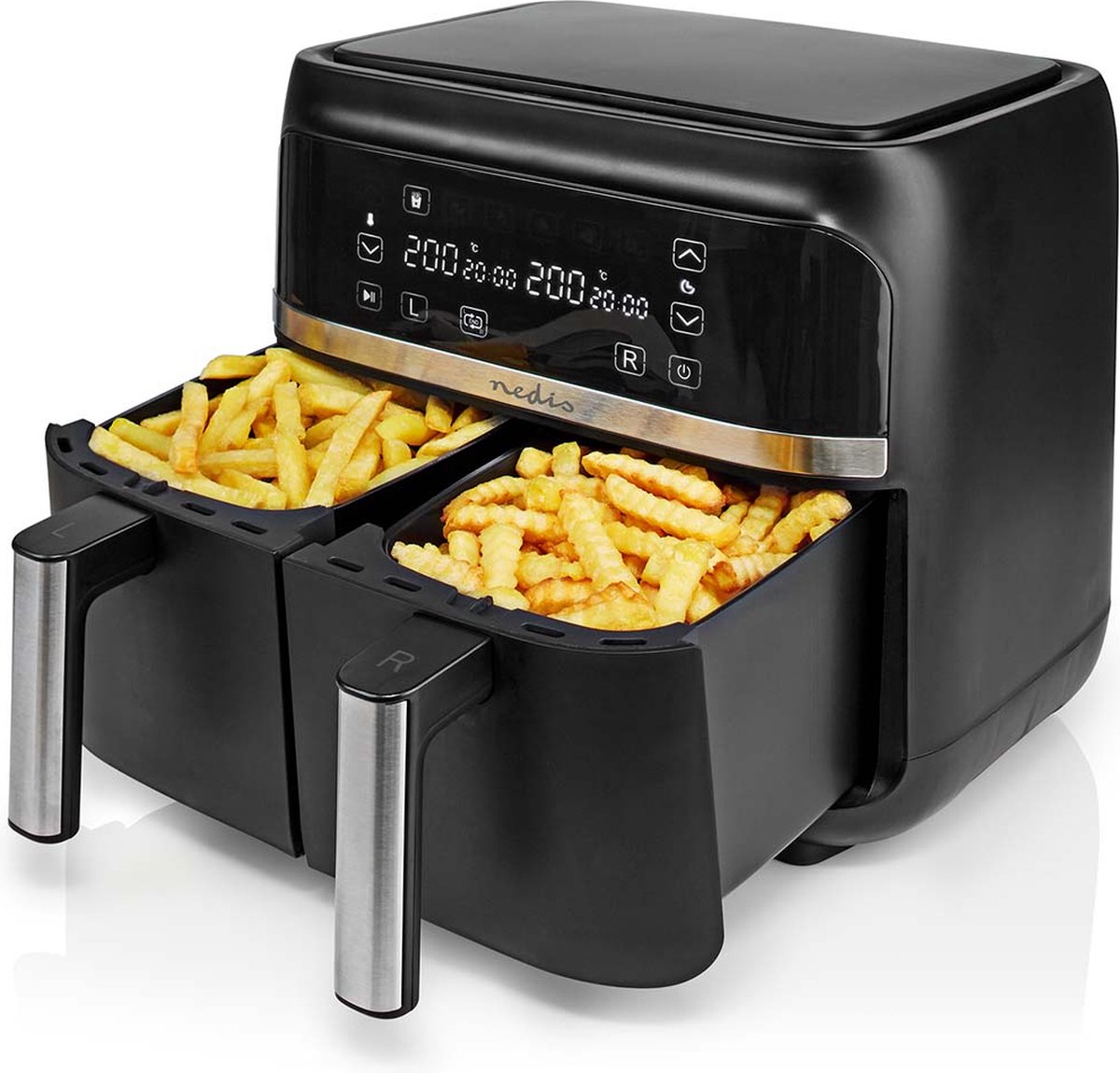 Afbeelding 3 van Nedis Dubbele Heteluchtfriteuse - 2x3.8 l - Tijdschakelaar: 60 min - Aantal vooraf ingestelde programma's: 6 - Digitaal - Zwart