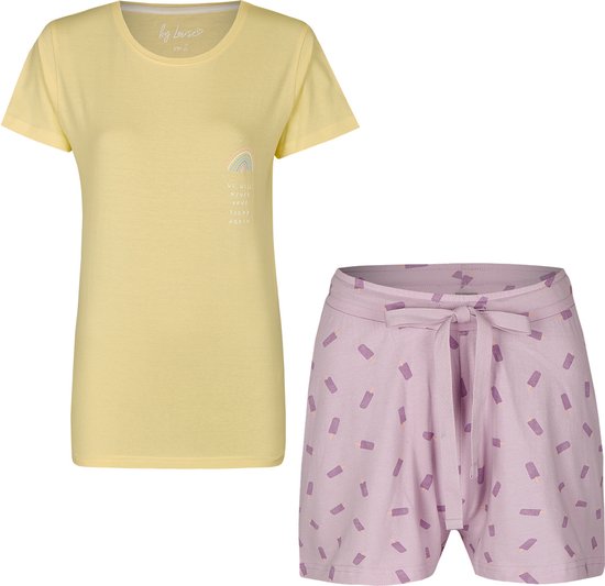 By Louise Ensemble Pyjama Pyjama short Katoen Imprimé Jaune Rose - Taille XL