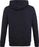 Achterkant van een donkerblauwe hoodie met capuchon.