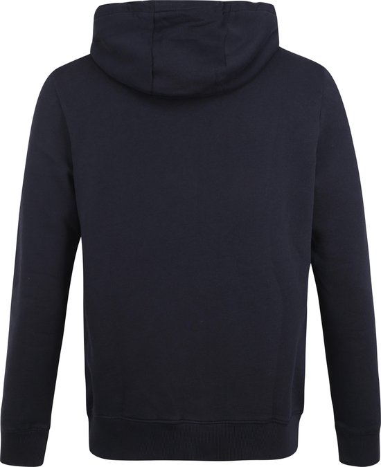Achterkant van een donkerblauwe hoodie met capuchon.