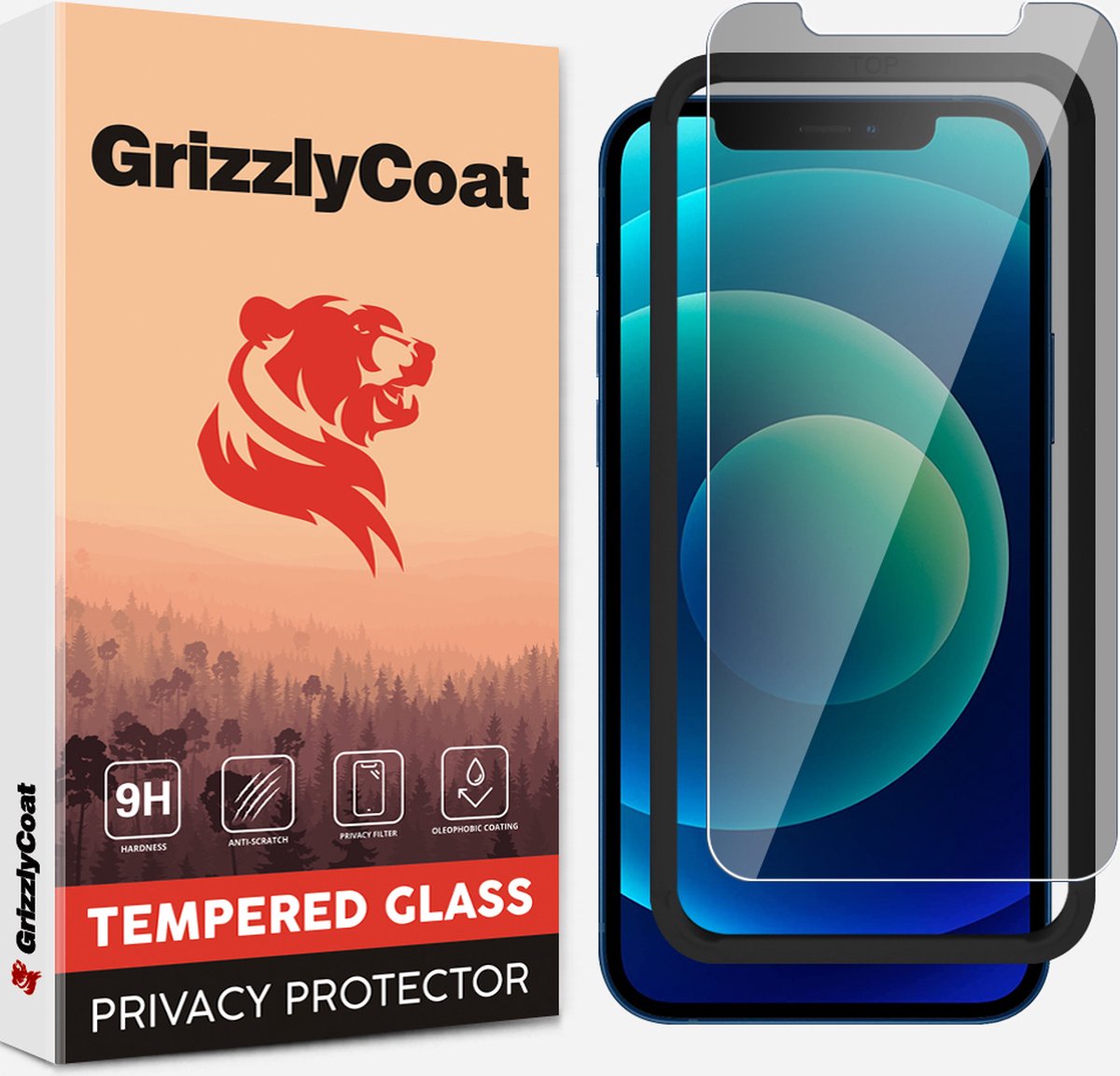 GrizzlyCoat Screenprotector geschikt voor Apple iPhone 12 Mini Glazen | GrizzlyCoat Easy Fit AntiSpy Screenprotector Privacy - Case Friendly + Installatie Frame