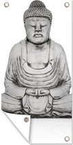 Tuinposter Stenen standbeeld van Boeddha - 40x80 cm - Wanddecoratie Buiten - Tuinposter - Tuindoek - Schuttingposter - Tuinschilderij