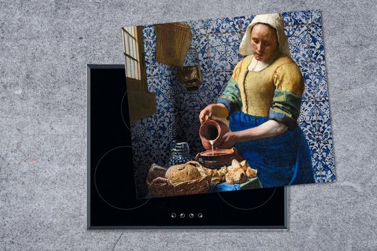 KitchenYeah® Inductie beschermer 60x52 cm - Melkmeisje - Delfts Blauw - Vermeer - Schilderij - Oude meesters - Kookplaataccessoires - Afdekplaat voor kookplaat - Inductiebeschermer - Inductiemat - Inductieplaat mat