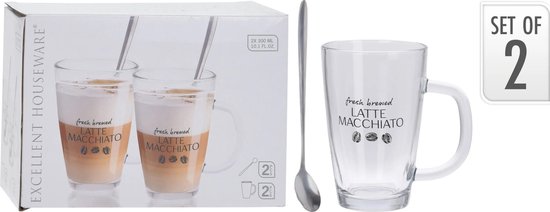 Verpakking met twee latte macchiato glazen met witte handvatten en lepels. Een los glas en lepel zijn ook getoond.
